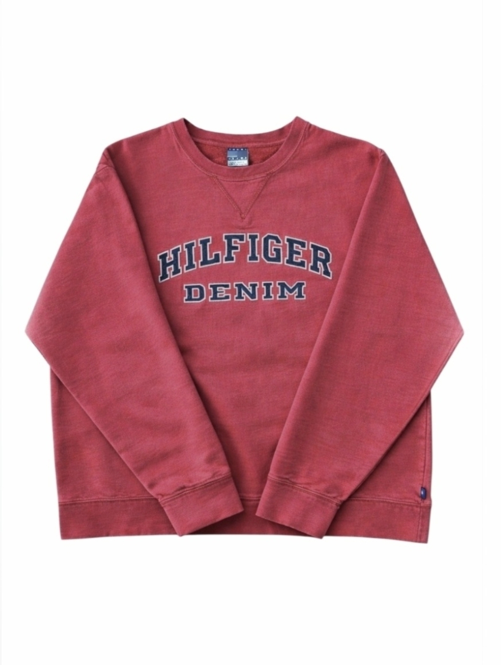 Vintage 90s Tommy Hilfiger Red Cotton Sweatshirt Navy Logo Fade Distressed XL